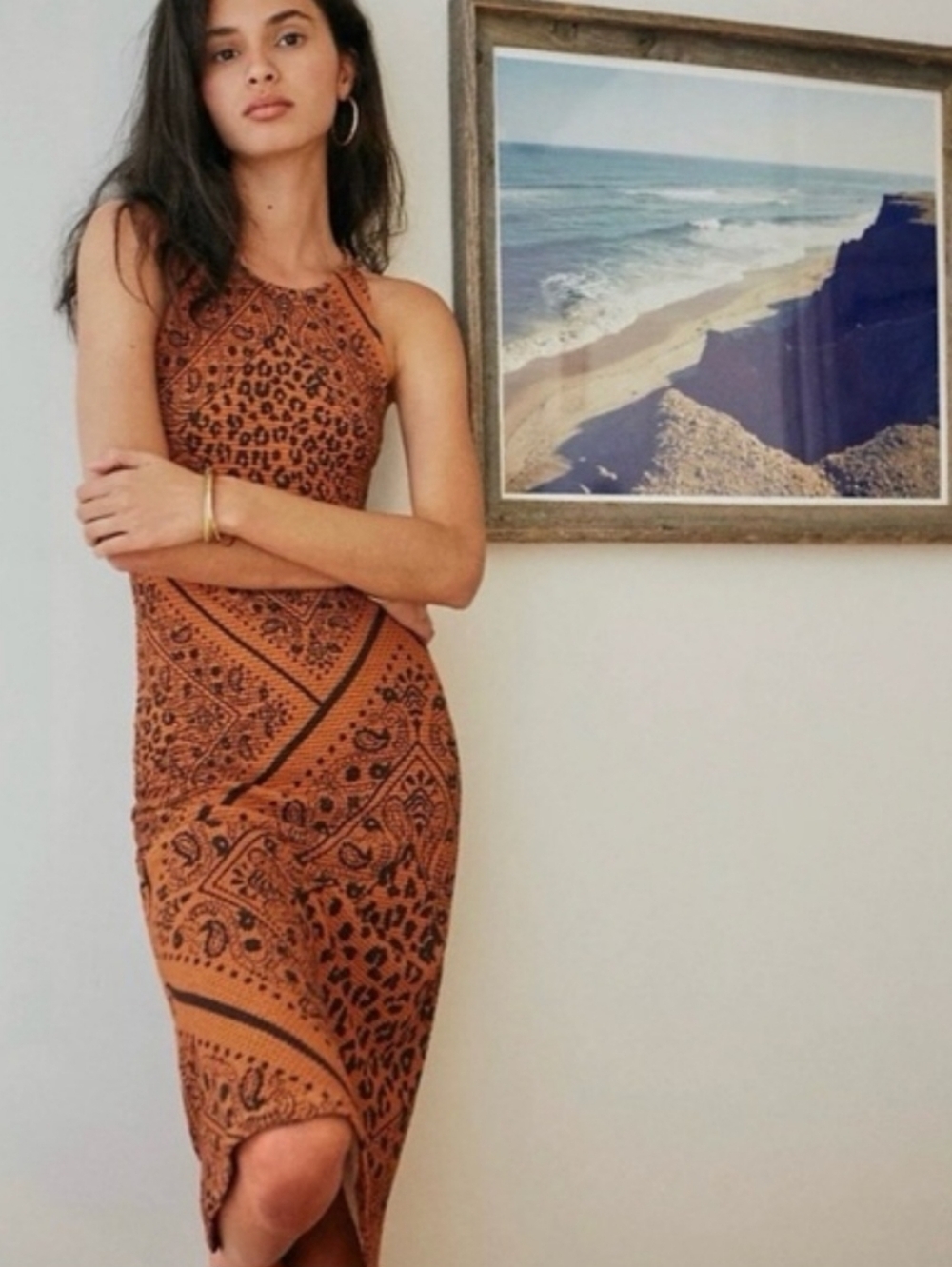 Farm Rio Alyse Rust Paisley Orange Black Sleeveless Midi Dress Size Small